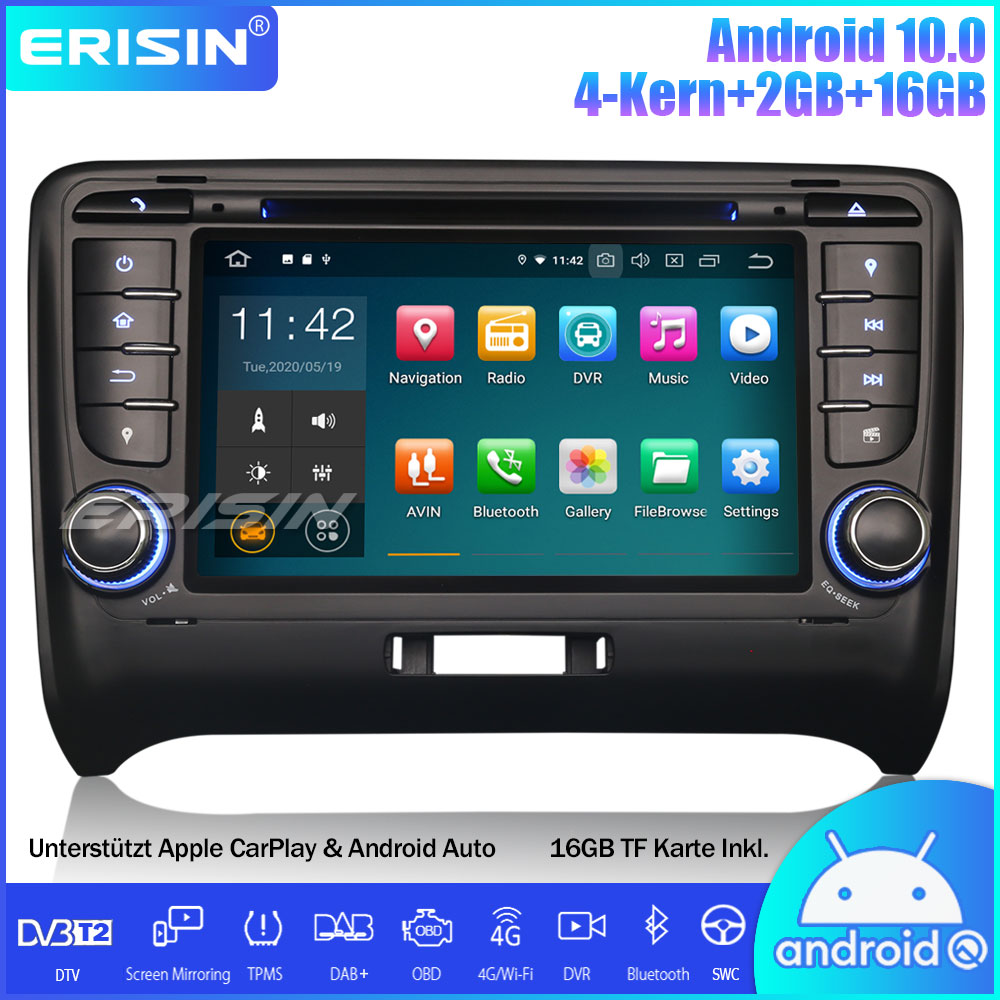 Erisin ES5179A Android 10.0 Autoradio GPS DAB+ CarPlay Wifi DVD OBD TPMS  Canbus für AUDI TT MK2/TT Roadster,Android 10.0 OS 4-Kern 2GB RAM+ 16GB ROM