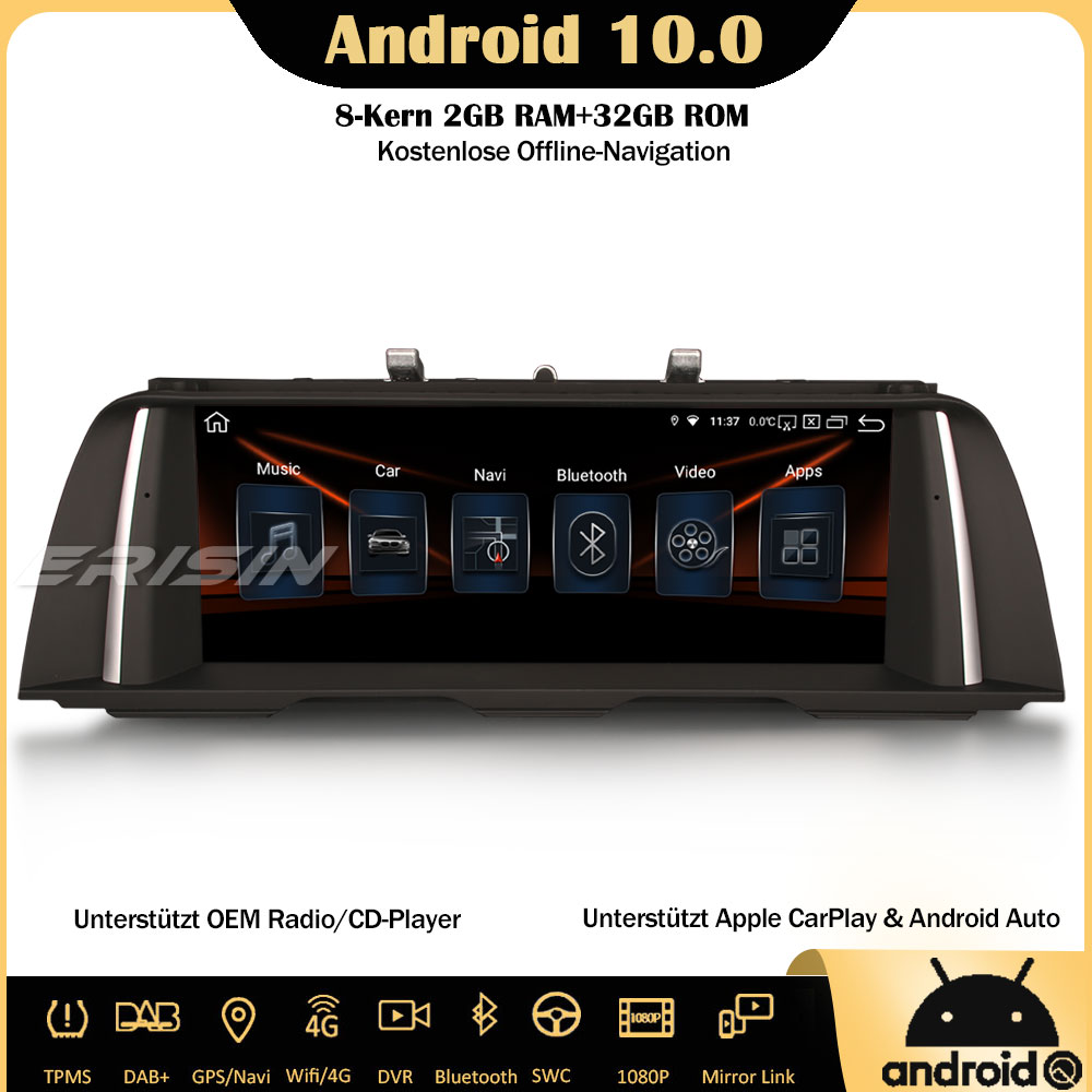 Erisin ES2810B 10.25 IPS Android 10.0 Autoradio DAB+ GPS CarPlay Wifi SWC  Navi TPMS Bluetooth 4G Für BMW 5er F10/F11 CIC/NBT System,Android 10.0 OS  8-Kern 2GB RAM+ 32GB ROM