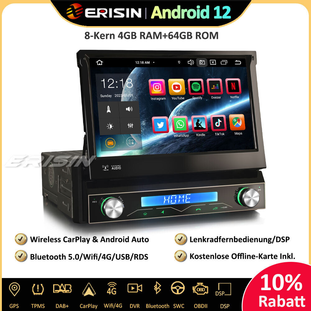 Erisin ES8568U 8-Kern Android 12 Abnehmbar Autoradio GPS Navi CarPlay DAB+ Android  Auto BT5.0 DSP WLAN DVB-T2 OBD2 RDS USB 4G,Android 12.0 OS 8-Kern 4GB  RAM+64GB ROM