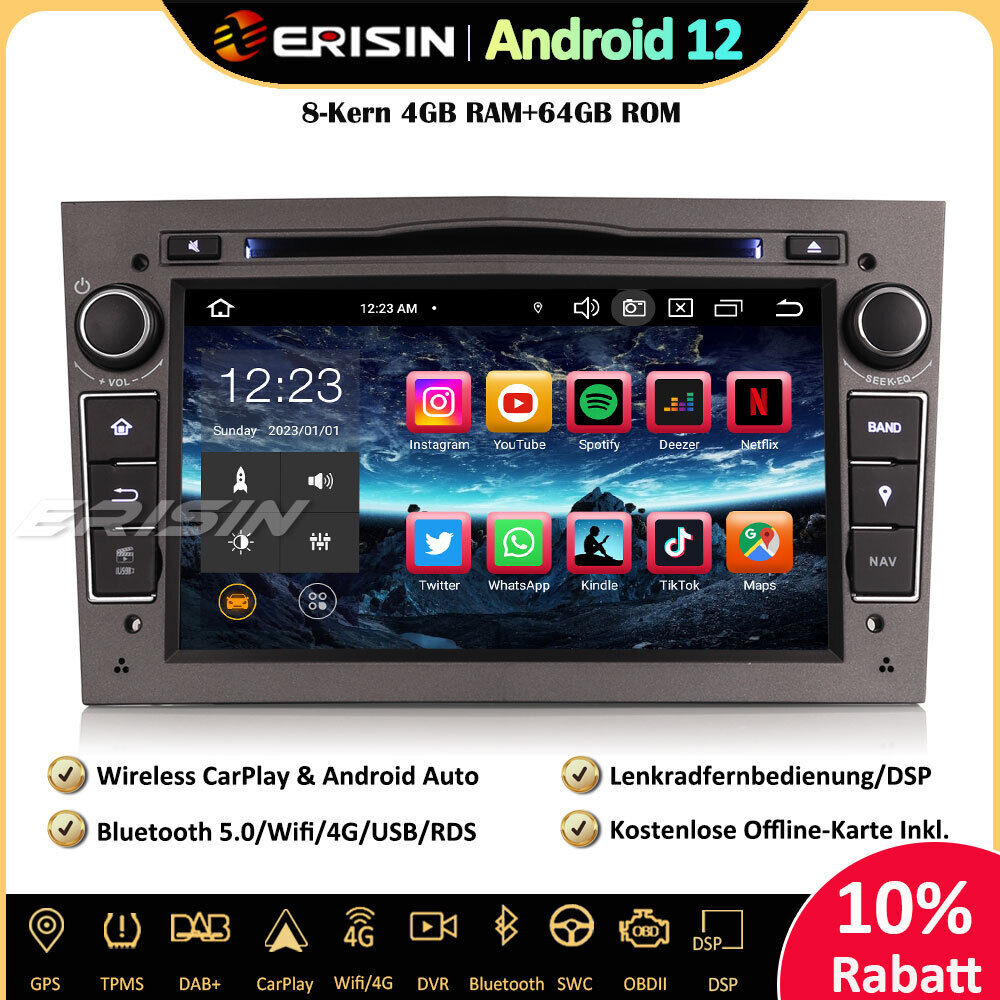 Erisin ES8560PG 8-Kern Android 12 Autoradio GPS Navi CarPlay DAB+ BT5.0 DSP  Für Opel Astra Zafira Signum Corsa C/D Meriva Antara,Android 12.0 OS 8-Kern  4GB RAM+64GB ROM